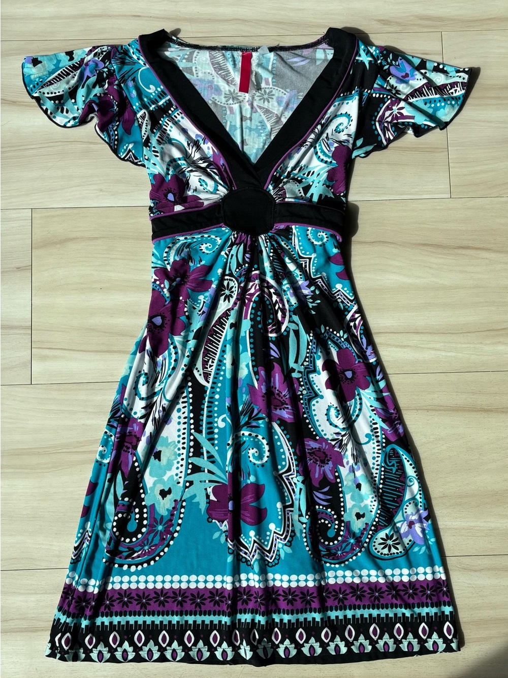 Y2K Black, Teal & Purple Floral V-Neck Dress w Tie Back